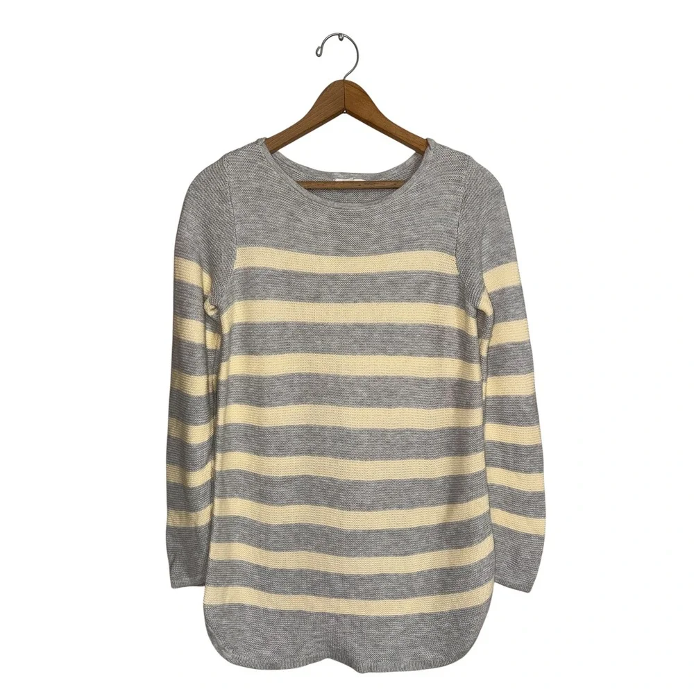 J.Jill Striped Tunic Sweater Grey  Butter Yellow Cotton Blend XS Curved Hem NWOT